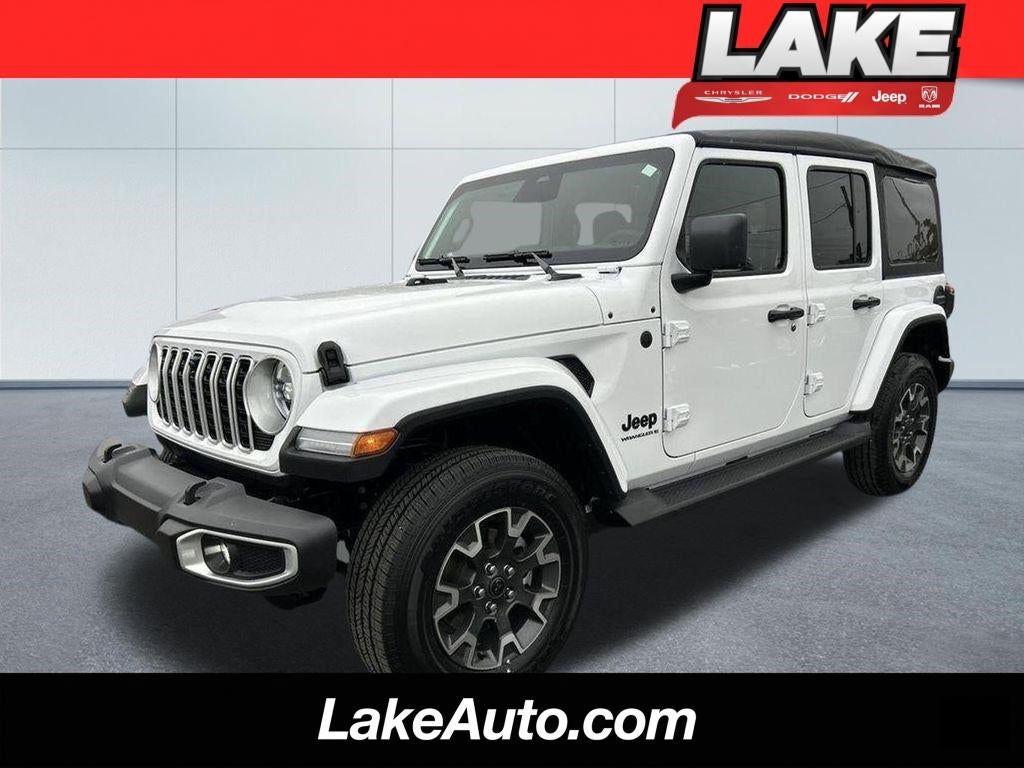 2026 Jeep Wrangler Sahara in Bright White Clear-Coat Exterior Paint — front three-quarter view